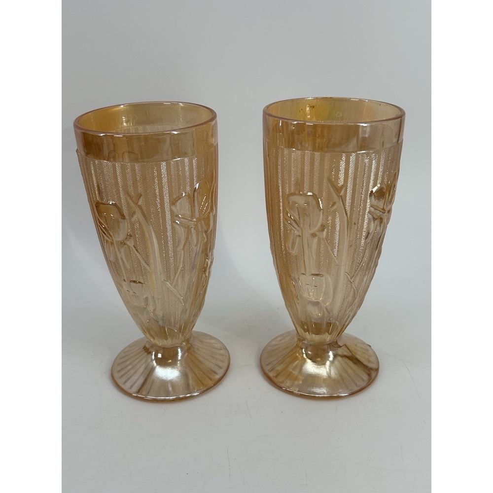 Set Of 2 Vintage Jeanette Iris & Herringbone Carnival Marigold  Tumblers - 6"